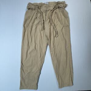 Calvin Klein Women’s Linen Blend Paperbag Waist Pants Tan Size 16 Tie Belt